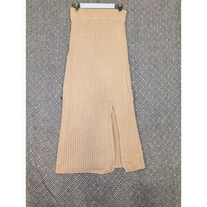 Pink Lily Beige Ribbed Knit Midi Sweater Skirt M Stretch Slit Neutral